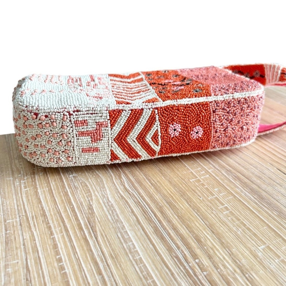 NEW America & Beyond Tigerlily Beaded Patchwork Shoulder Bag Coral Pink - Picture 5 of 9